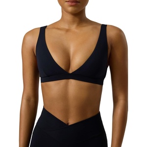 PAVOI ACTIVE Deep V Neck Sports Bra for Women – Low Coverage Open Back V Plunge Low Cut Workout Bra Removable Pads – FlexFlow(Black)
