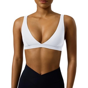 PAVOI ACTIVE Deep V Neck Sports Bra for Women – Low Coverage Open Back V Plunge Low Cut Workout Bra Removable Pads – FlexFlow(White)