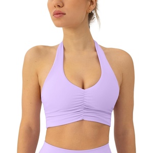 PAVOI ACTIVE Ruching Workout Halter Bra for Women – Low Support V Neck Yoga Backless Sports Bra Padded Halter Top – FlexFlow(Lilac)