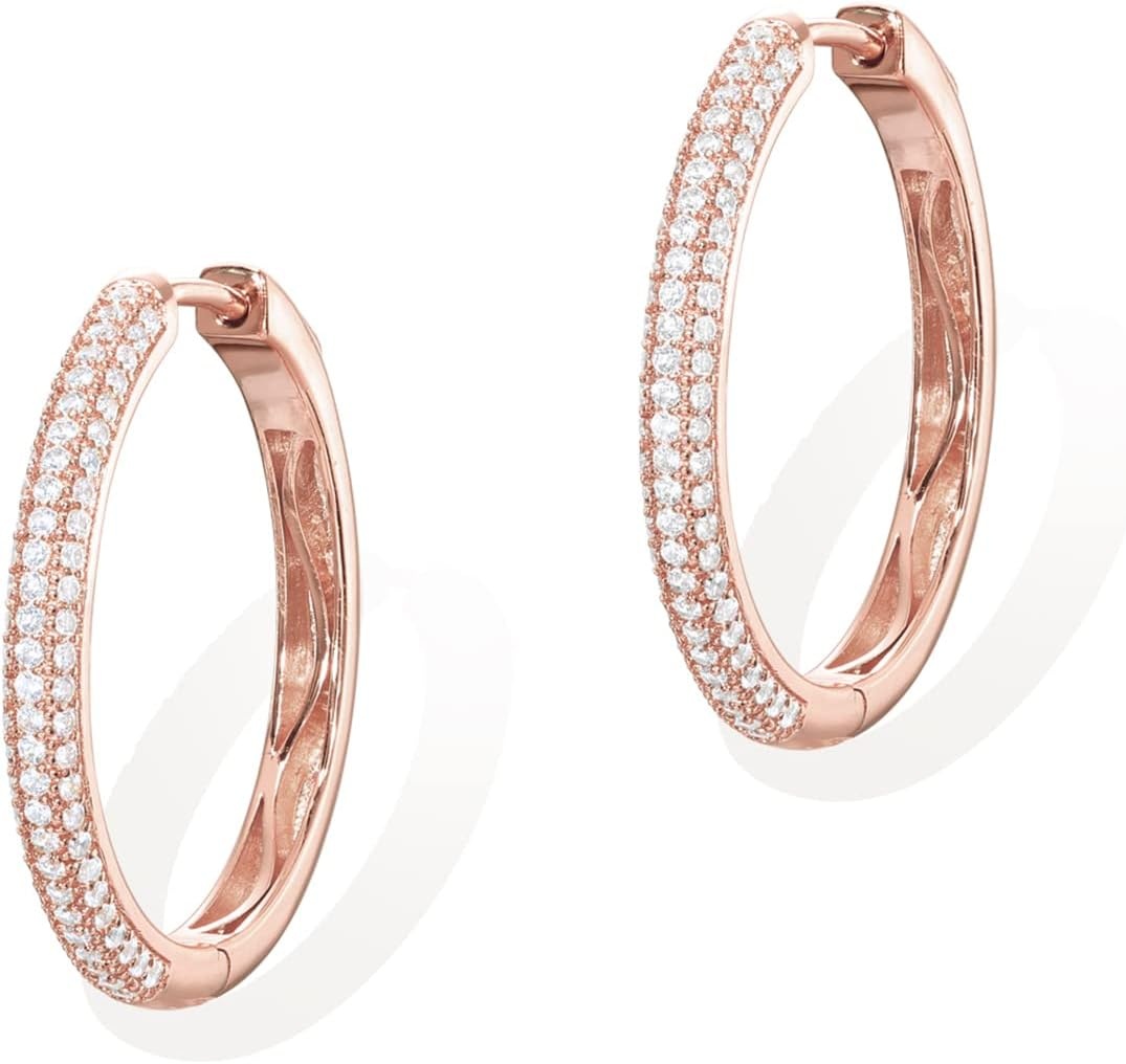 image:imagePAVOI 14K Gold Plated 925 Sterling Silver Posts Cubic Zirconia Hoop Earrings for Women Halo CZ Gold Huggie HoopsRose Gold