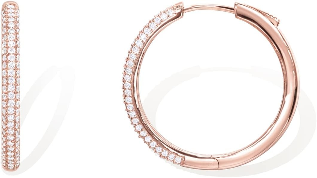 image:imagePAVOI 14K Gold Plated 925 Sterling Silver Posts Cubic Zirconia Hoop Earrings for Women Halo CZ Gold Huggie HoopsRose Gold