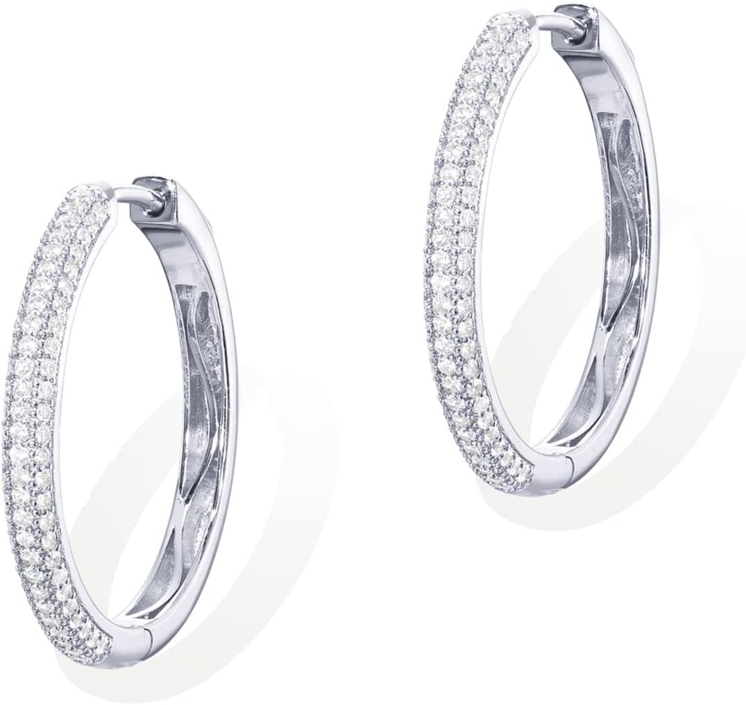 image:imagePAVOI 14K Gold Plated 925 Sterling Silver Posts Cubic Zirconia Hoop Earrings for Women Halo CZ Gold Huggie HoopsWhite Gold