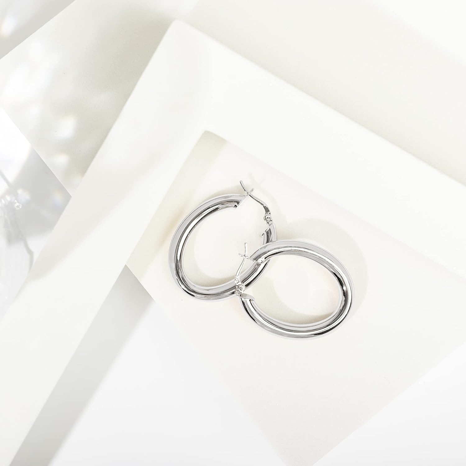 image:imagePAVOI 14K Gold Plated Sterling Silver Post Monet Oval Chunky Lightweight Hoop Earrings for WomenWhite